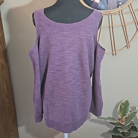 Express Purple Lace Front Cold Shoulder Knit Long Sleeve Sweater Sz L - Picture 5 of 9